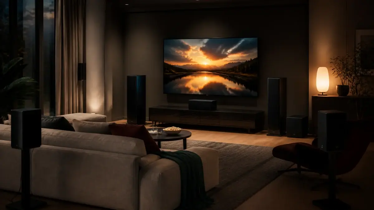 Hemmabiorum med TV, surroundhögtalare och subwoofer