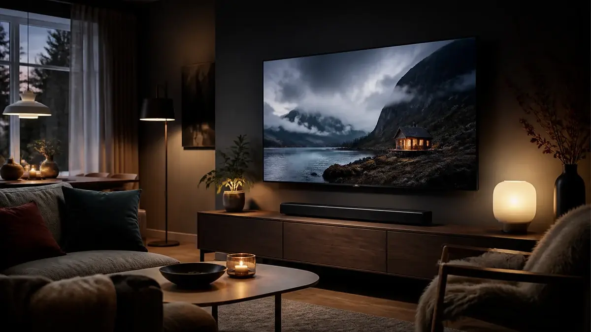 Smal soundbar centrerad under en stor TV i ett vardagsrum