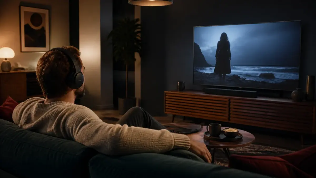 TV-tittare i en soffa med trådlösa over-ear-hörlurar