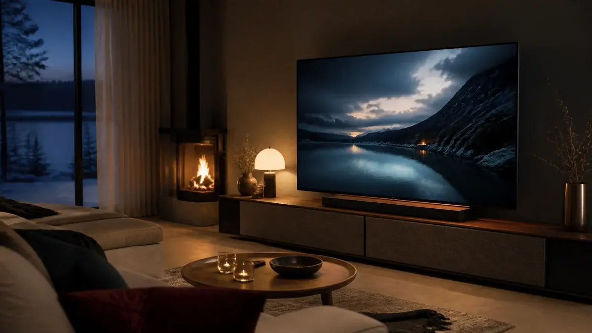 Stor TV som blickfång i ett mörkt skandinaviskt vardagsrum