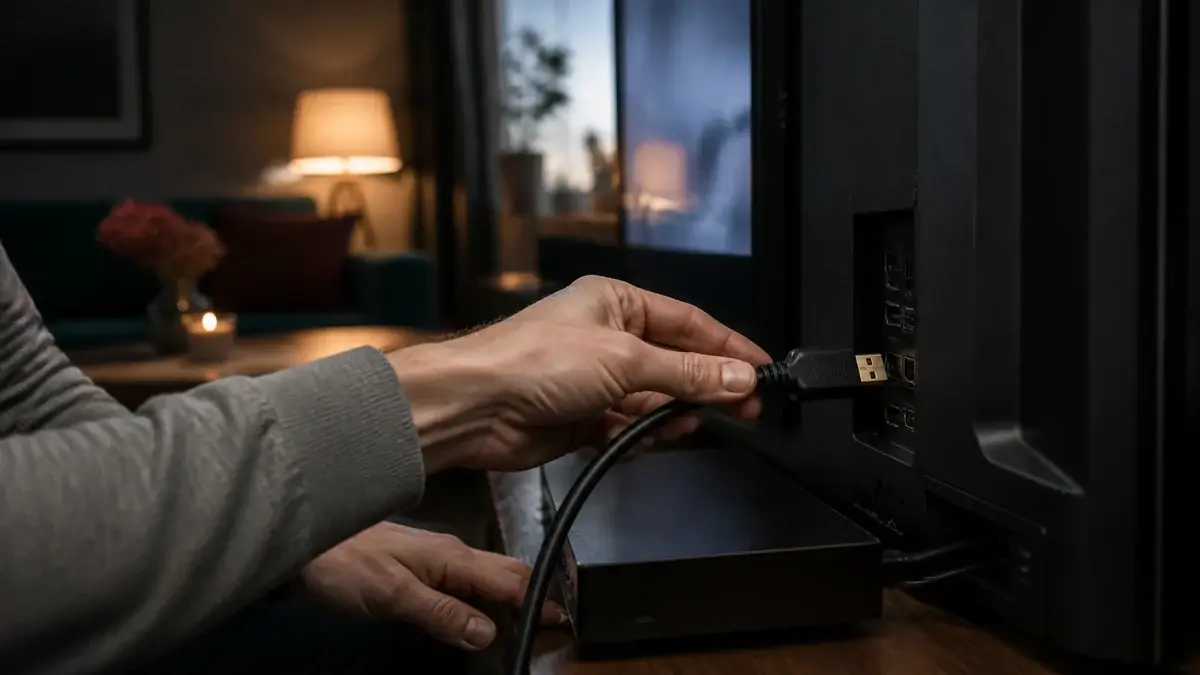 Händer som ansluter en HDMI-kabel till en TV och mediebox