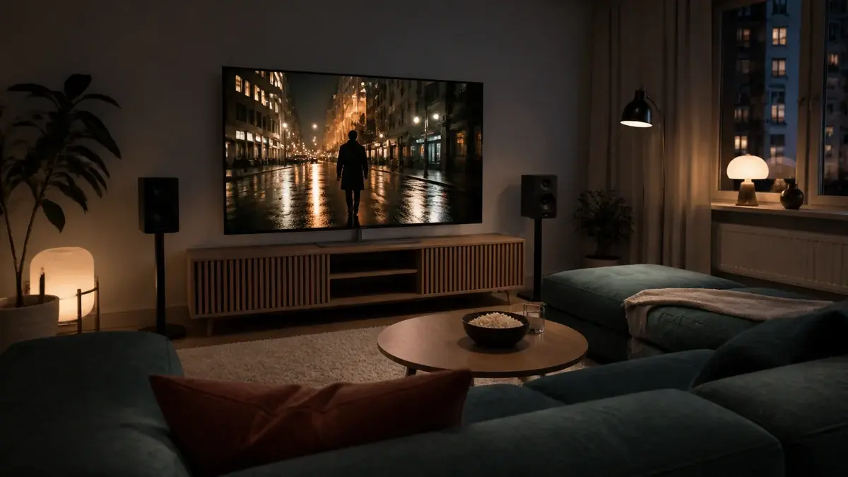 Enkel hemmabio med TV, två högtalare och soffa
