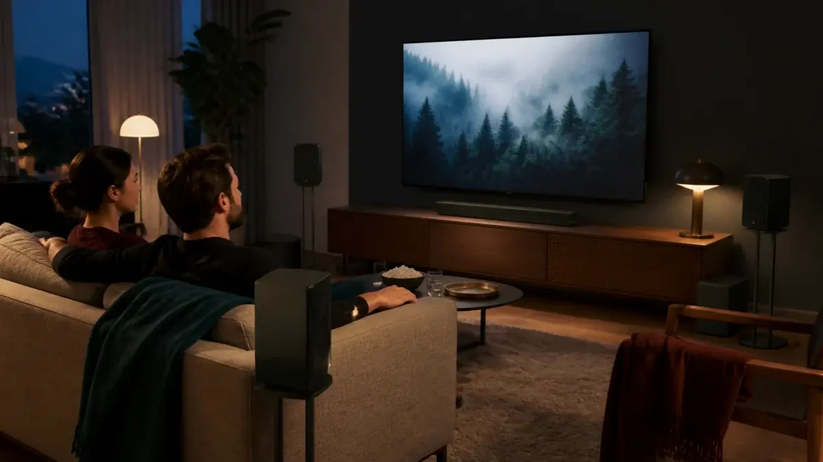 Vardagsrum med både soundbar och kompakta surroundhögtalare