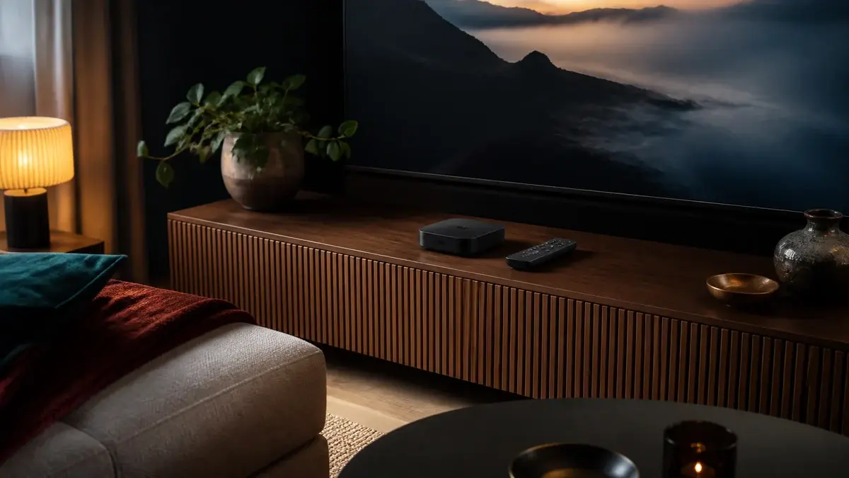 Kompakt streamingbox och fjärrkontroll på en TV-bänk