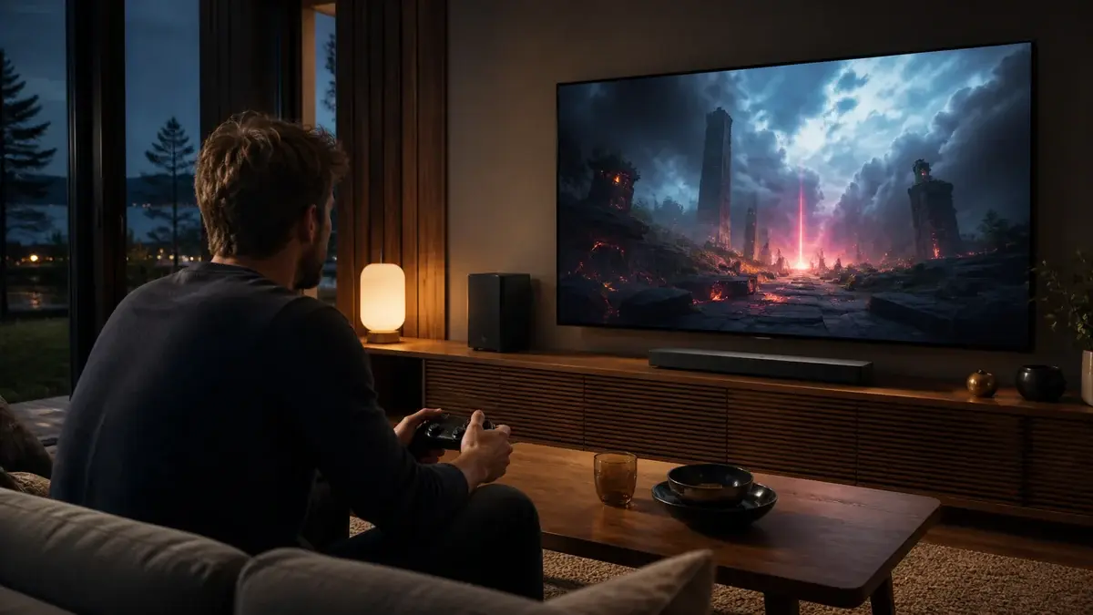 Spelare med handkontroll framför en stor TV